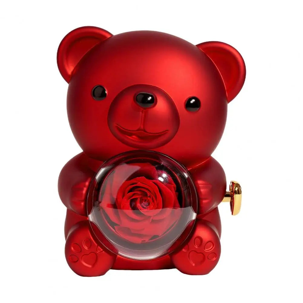 Preserved Rose Hug Bear Gift With Heart Necklace Rotatable Eternal Flower Bear Gift Box For Women Girlfriend Valentine's Day