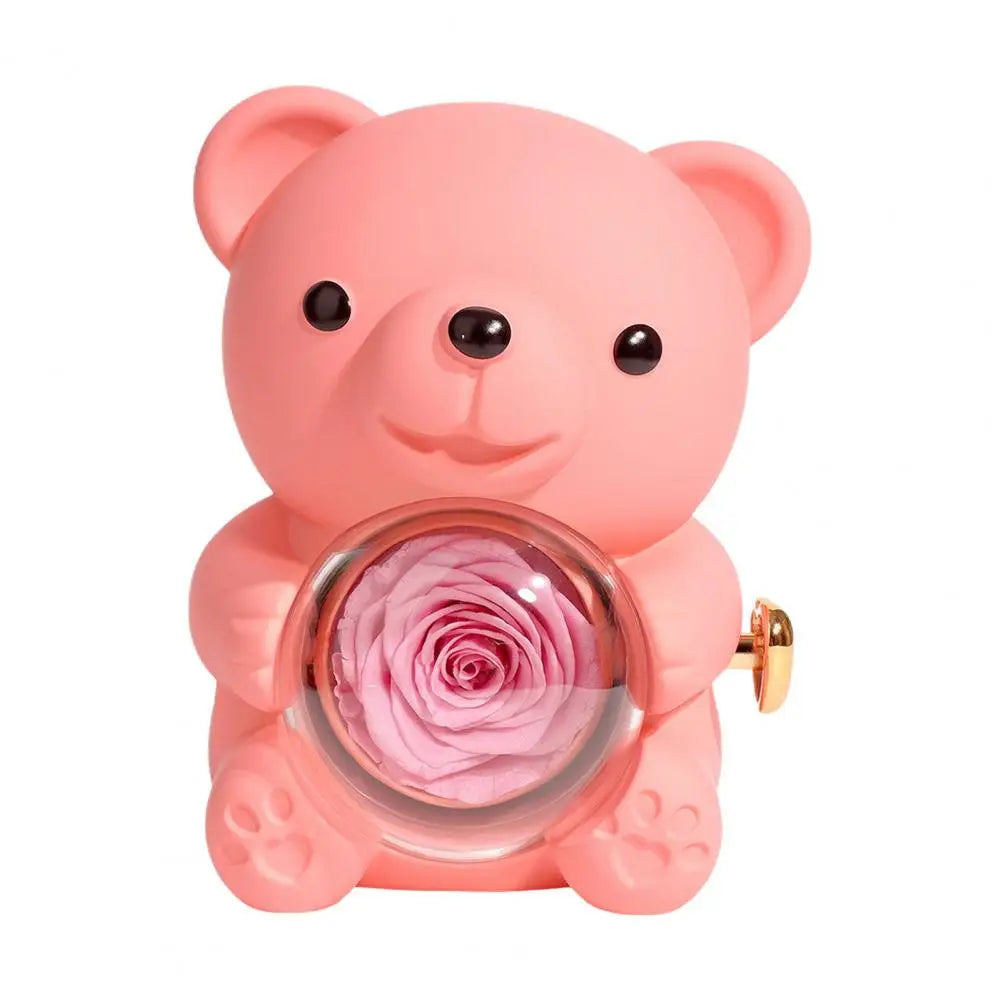 Preserved Rose Hug Bear Gift With Heart Necklace Rotatable Eternal Flower Bear Gift Box For Women Girlfriend Valentine's Day