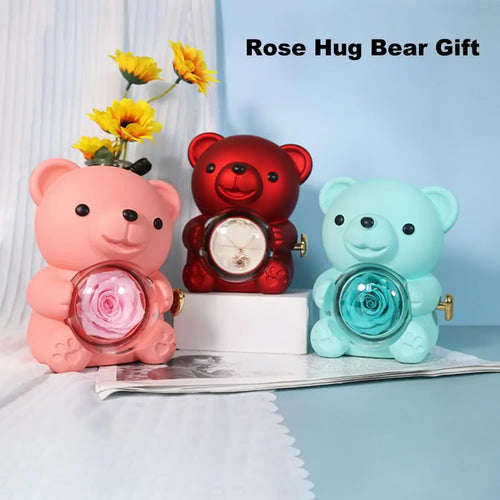 Preserved Rose Hug Bear Gift With Heart Necklace Rotatable Eternal Flower Bear Gift Box For Women Girlfriend Valentine's Day